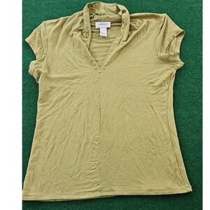 Carmen Marc Valvo Olive‎ Green Studded V Neck Short Sleeve Top